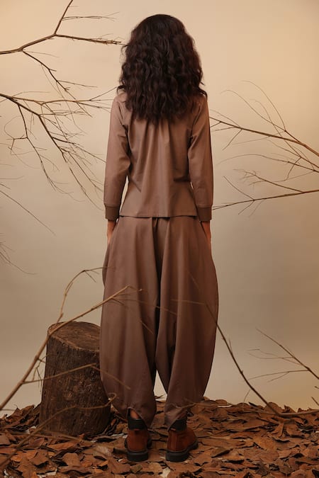 Shop MATI_1 Beige Cotton High Neck Solid Ribbed Collar Sweatshirt With Dhoti Pant at Aza Fashions Shop_MATI_1_Beige Cotton High Neck Solid Ribbed Collar Sweatshirt With Dhoti Pant _at_Aza_Fashions