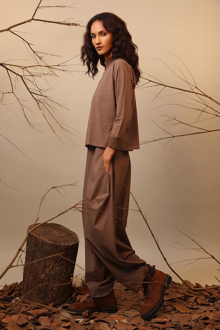 MATI_1 Beige Cotton High Neck Solid Ribbed Collar Sweatshirt With Dhoti Pant at Aza Fashions MATI_1_Beige Cotton High Neck Solid Ribbed Collar Sweatshirt With Dhoti Pant _at_Aza_Fashions