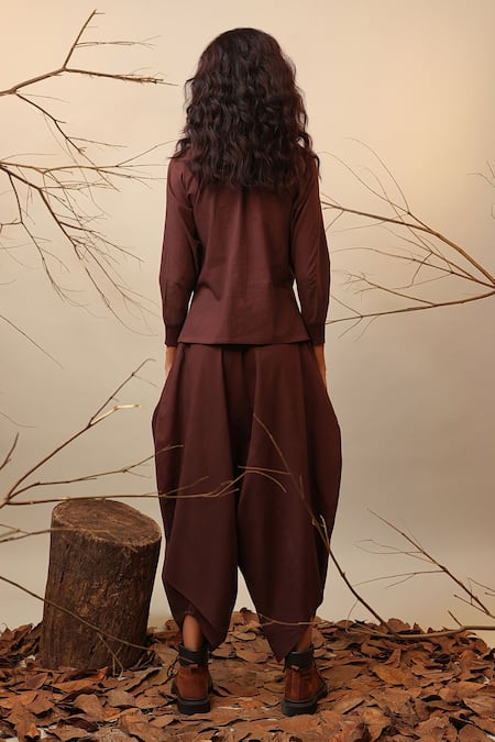 Shop MATI_1 Brown Cotton High Neck Raglan Sleeve Top And Balloon Pant Set at Aza Fashions Shop_MATI_1_Brown Cotton High Neck Raglan Sleeve Top And Balloon Pant Set _at_Aza_Fashions