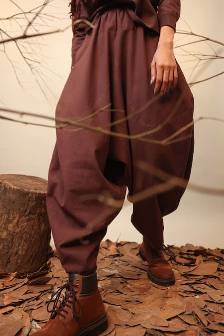 Shop MATI_1 Brown Cotton High Neck Raglan Sleeve Top And Balloon Pant Set Online at Aza Fashions Shop_MATI_1_Brown Cotton High Neck Raglan Sleeve Top And Balloon Pant Set _Online_at_Aza_Fashions