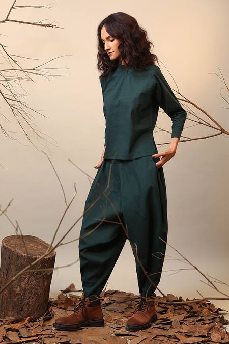 Buy_Mati_Green Cotton High Neck Raglan Sleeve Top And Balloon Pant Set _Online_at_Aza_Fashions