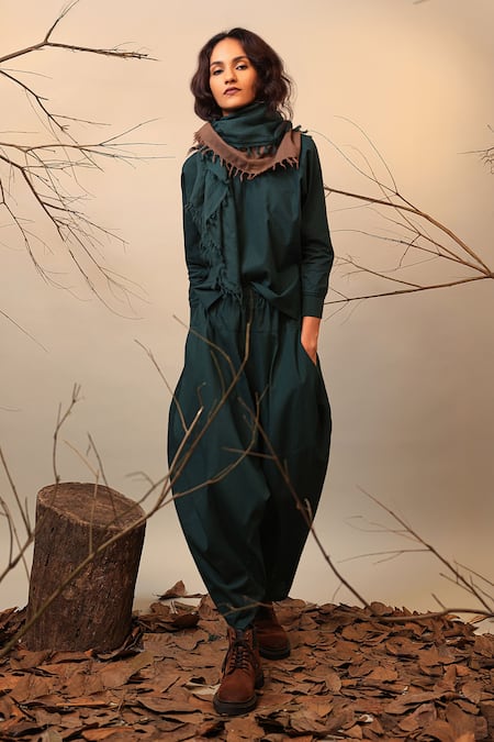 Shop_Mati_Green Cotton High Neck Raglan Sleeve Top And Balloon Pant Set _Online_at_Aza_Fashions