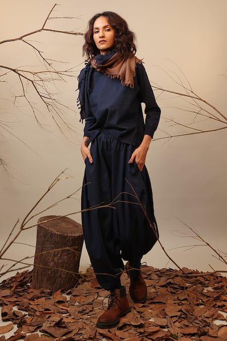 Mati_Blue Cotton High Neck Ribbed Raglan Sleeve Top _Online_at_Aza_Fashions