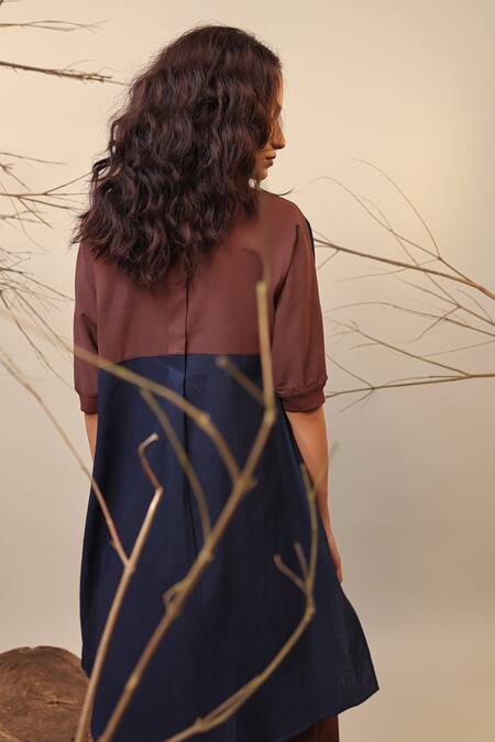 Shop_Mati_Blue Cotton Mandarin Collar Colorblocked Tunic _at_Aza_Fashions