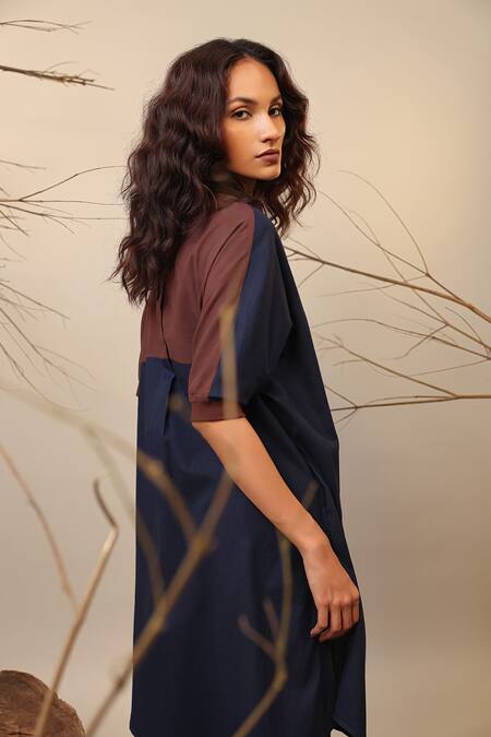 Mati_Blue Cotton Mandarin Collar Colorblocked Tunic _Online_at_Aza_Fashions