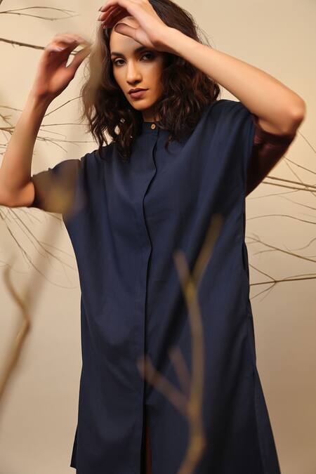 Buy_Mati_Blue Cotton Mandarin Collar Colorblocked Tunic _Online_at_Aza_Fashions