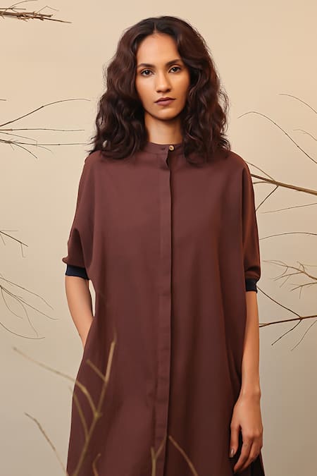 Mati_Brown Cotton Mandarin Collar Colorblocked Tunic _Online_at_Aza_Fashions