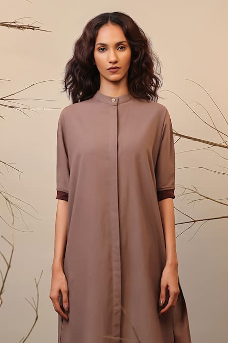 MATI_1_Beige Cotton Mandarin Collar Colorblocked Tunic And Pant Set _Online_at_Aza_Fashions