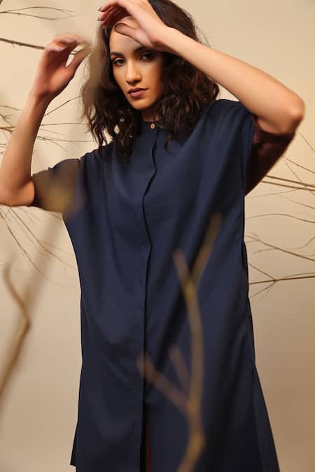 Shop_MATI_1_Blue Cotton Mandarin Collar Colorblocked Tunic And Pant Set _Online_at_Aza_Fashions