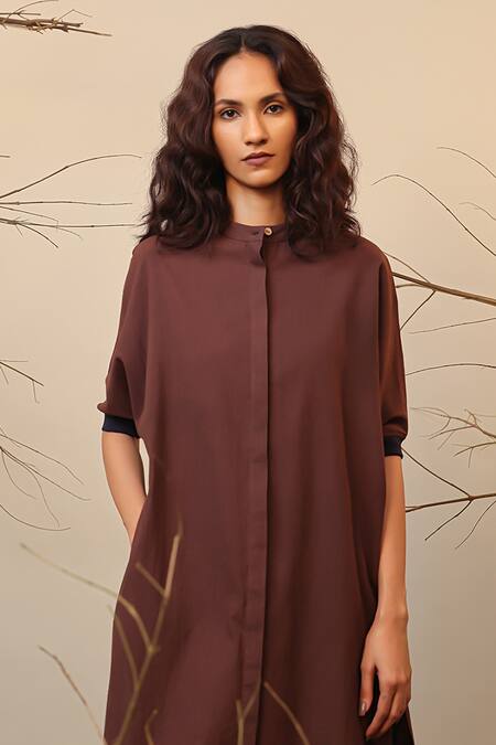 MATI_1_Brown Cotton Mandarin Collar Color Blocked Tunic And Pant Set _Online_at_Aza_Fashions