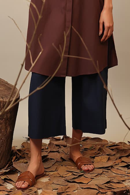 Buy_MATI_1_Brown Cotton Mandarin Collar Color Blocked Tunic And Pant Set _Online_at_Aza_Fashions