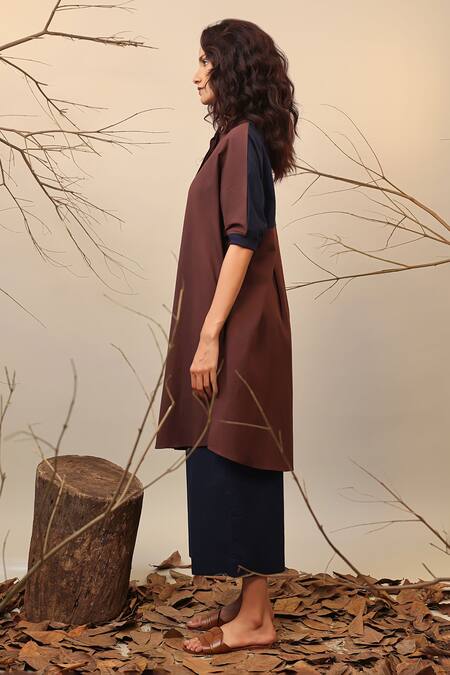Shop_MATI_1_Brown Cotton Mandarin Collar Color Blocked Tunic And Pant Set _Online_at_Aza_Fashions