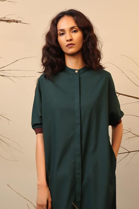 Mati_Green Cotton Mandarin Collar Color Blocked Tunic And Pant Set _Online_at_Aza_Fashions