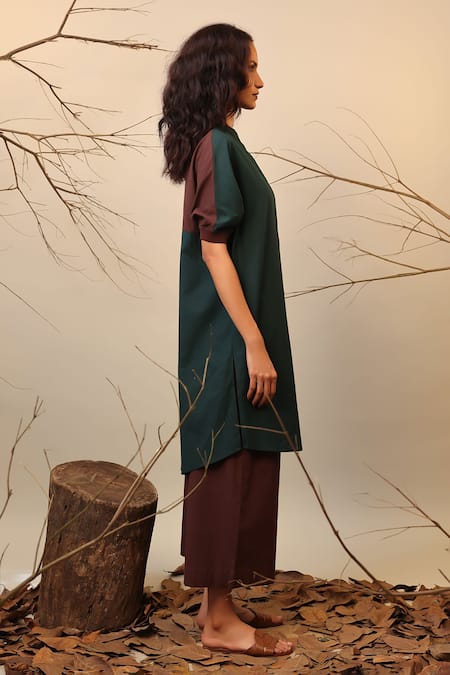 Shop_Mati_Green Cotton Mandarin Collar Color Blocked Tunic And Pant Set _Online_at_Aza_Fashions