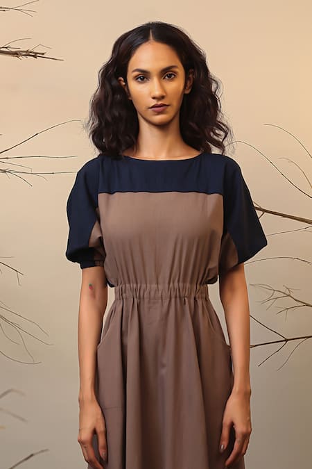 MATI_1_Beige Cotton Round Neck Color Blocked Midi Dress _Online_at_Aza_Fashions