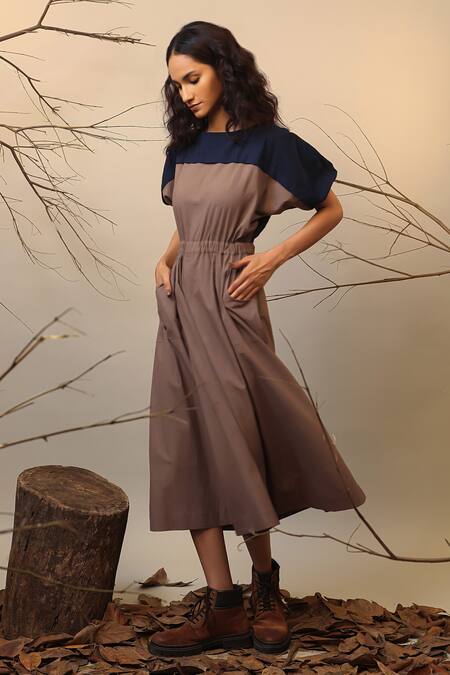 Buy_MATI_1_Beige Cotton Round Neck Color Blocked Midi Dress _Online_at_Aza_Fashions