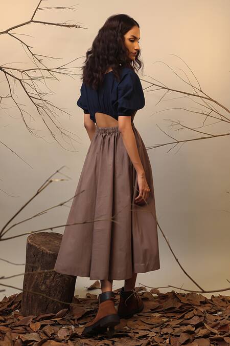 Shop_MATI_1_Beige Cotton Round Neck Color Blocked Midi Dress _Online_at_Aza_Fashions