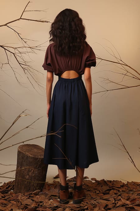 Shop_Mati_Blue Cotton Round Neck Color Blocked Midi Dress _at_Aza_Fashions