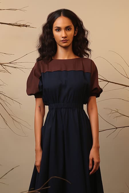 Buy_Mati_Blue Cotton Round Neck Color Blocked Midi Dress _Online_at_Aza_Fashions