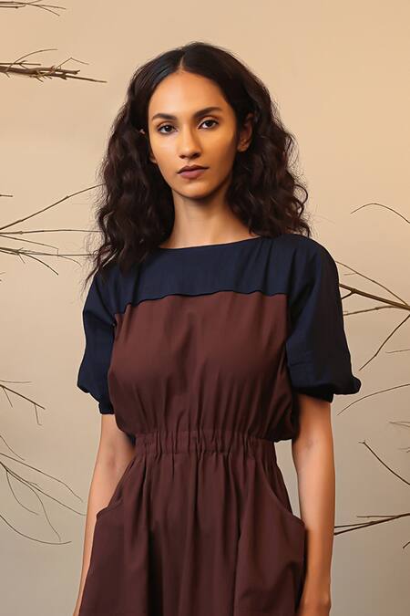 Mati_Brown Cotton Round Neck Color Block Midi Dress _Online_at_Aza_Fashions