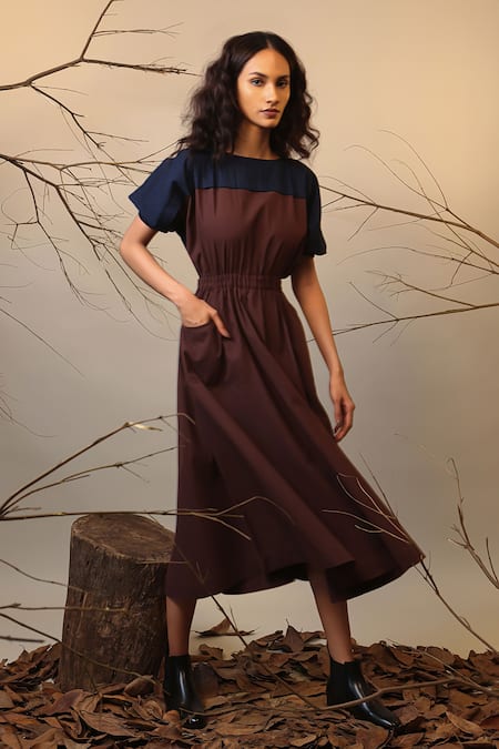 Buy_Mati_Brown Cotton Round Neck Color Block Midi Dress _Online_at_Aza_Fashions