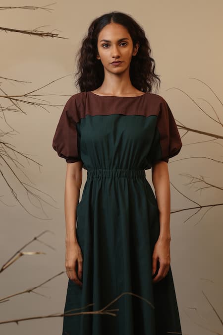 MATI_1_Green Cotton Round Neck Color Block Dress _Online_at_Aza_Fashions