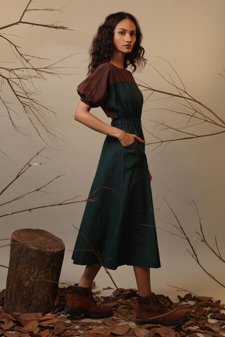 Buy_MATI_1_Green Cotton Round Neck Color Block Dress _Online_at_Aza_Fashions