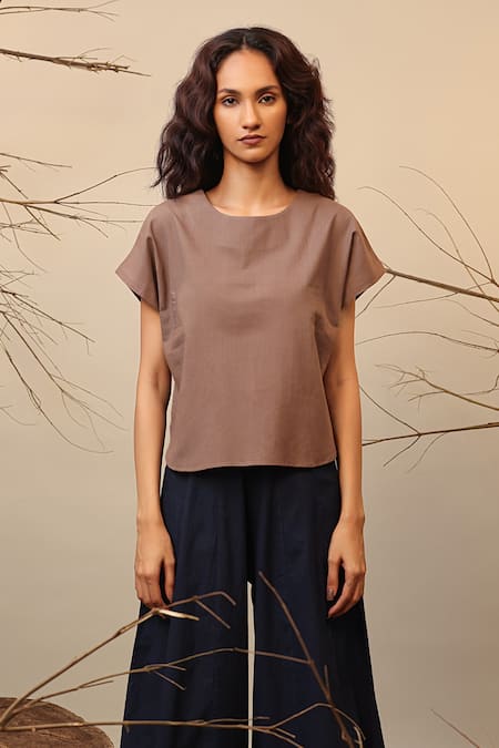 Mati_Beige Cotton Round Neck Kaftan Top And Balloon Pant Set _at_Aza_Fashions