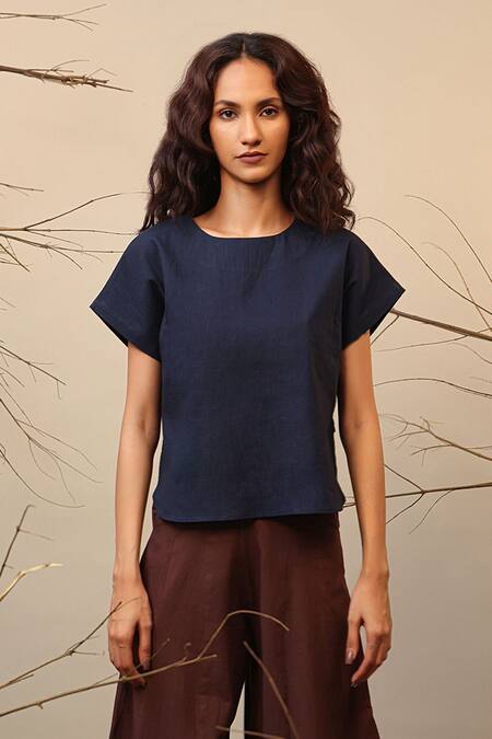 Buy MATI_1 Blue Cotton Round Neck Kaftan Top And Brown Balloon Cut Pant Set Online at Aza Fashions Buy_MATI_1_Blue Cotton Round Neck Kaftan Top And Brown Balloon Cut Pant Set _Online_at_Aza_Fashions