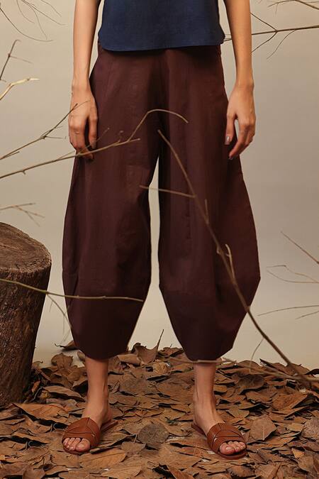 Shop MATI_1 Blue Cotton Round Neck Kaftan Top And Brown Balloon Cut Pant Set Online at Aza Fashions Shop_MATI_1_Blue Cotton Round Neck Kaftan Top And Brown Balloon Cut Pant Set _Online_at_Aza_Fashions