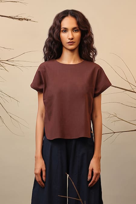 MATI_1 Brown Cotton Round Neck Kaftan Top And Blue Balloon Pant Set Online at Aza Fashions MATI_1_Brown Cotton Round Neck Kaftan Top And Blue Balloon Pant Set _Online_at_Aza_Fashions