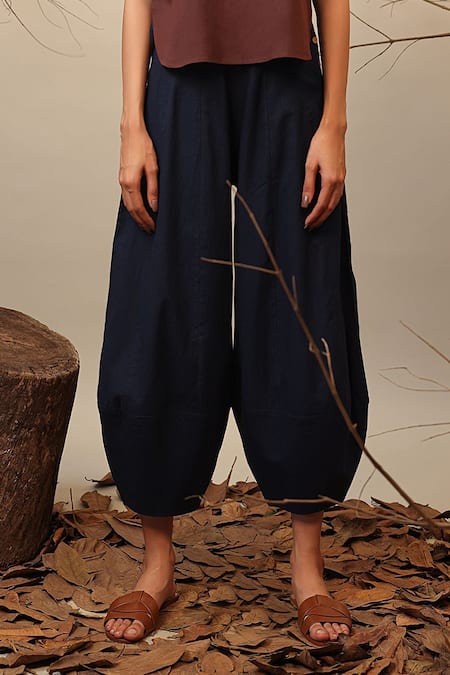 Buy MATI_1 Brown Cotton Round Neck Kaftan Top And Blue Balloon Pant Set Online at Aza Fashions Buy_MATI_1_Brown Cotton Round Neck Kaftan Top And Blue Balloon Pant Set _Online_at_Aza_Fashions