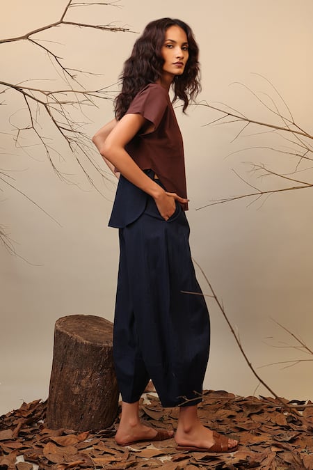 Shop MATI_1 Brown Cotton Round Neck Kaftan Top And Blue Balloon Pant Set Online at Aza Fashions Shop_MATI_1_Brown Cotton Round Neck Kaftan Top And Blue Balloon Pant Set _Online_at_Aza_Fashions