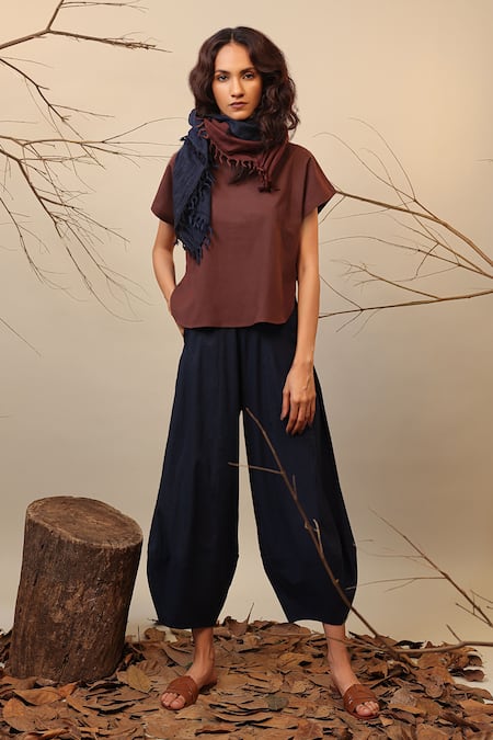 MATI_1 Brown Cotton Round Neck Kaftan Top And Blue Balloon Pant Set at Aza Fashions MATI_1_Brown Cotton Round Neck Kaftan Top And Blue Balloon Pant Set _at_Aza_Fashions