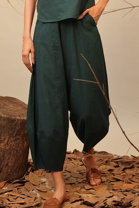 Buy_MATI_1_Green Cotton Round Neck Color Block Kaftan Top And Pant Set _Online_at_Aza_Fashions
