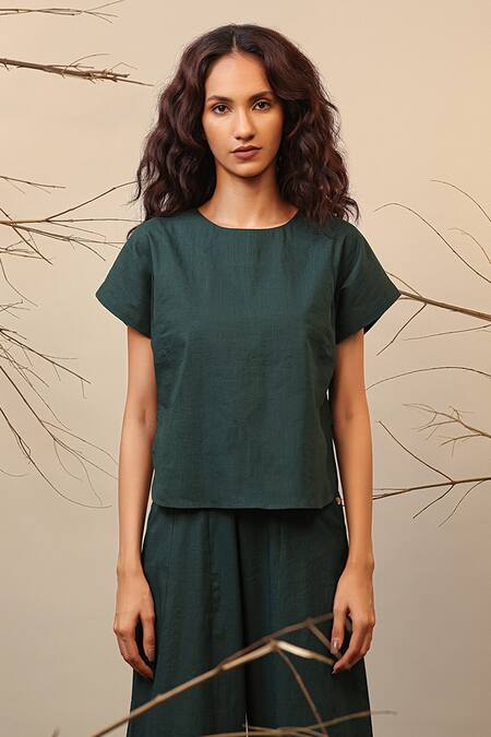 Shop_MATI_1_Green Cotton Round Neck Color Block Kaftan Top And Pant Set _Online_at_Aza_Fashions