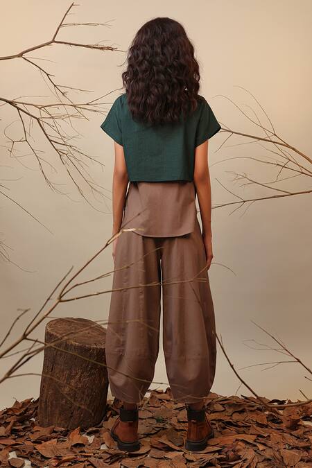 Shop Mati Green Cotton Round Neck Color Block Top And Pant Set at Aza Fashions Shop_Mati_Green Cotton Round Neck Color Block Top And Pant Set _at_Aza_Fashions