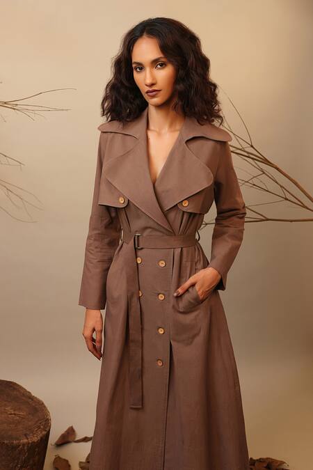 Mati_Beige Cotton Collared Trench Dress With Belt _Online_at_Aza_Fashions