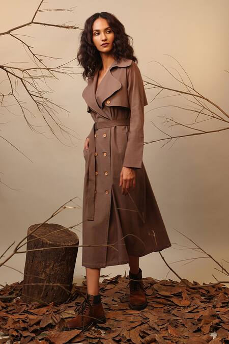 Buy_Mati_Beige Cotton Collared Trench Dress With Belt _Online_at_Aza_Fashions
