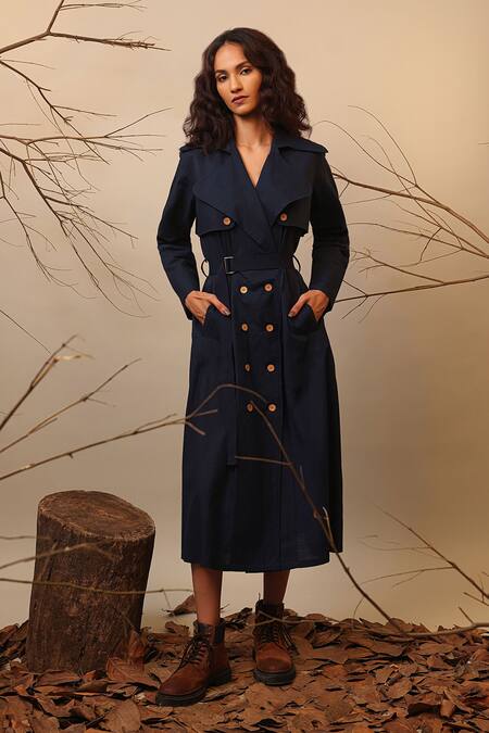 Mati_Blue Cotton Collared Trench Overlap Dress _Online_at_Aza_Fashions
