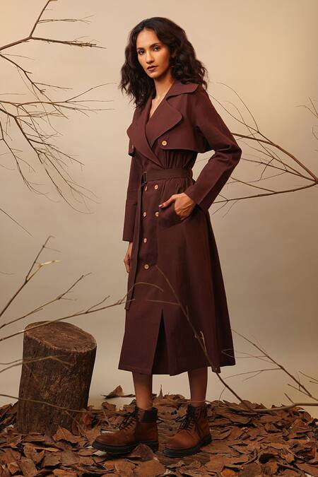 MATI_1 Brown Cotton Collared Trench Midi Dress With Belt Online at Aza Fashions MATI_1_Brown Cotton Collared Trench Midi Dress With Belt _Online_at_Aza_Fashions