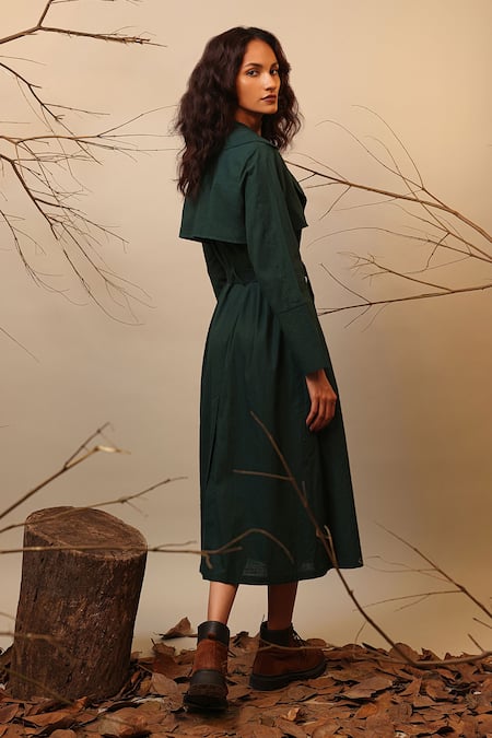 Mati Green Cotton Trench Midi Dress With Belt 