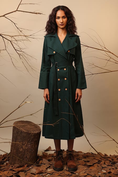 MATI_1_Green Cotton Collared Trench Midi Dress With Belt _Online_at_Aza_Fashions