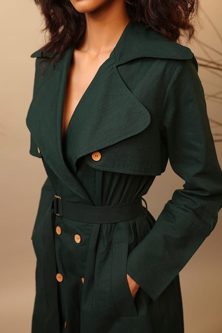 Buy_MATI_1_Green Cotton Collared Trench Midi Dress With Belt _Online_at_Aza_Fashions