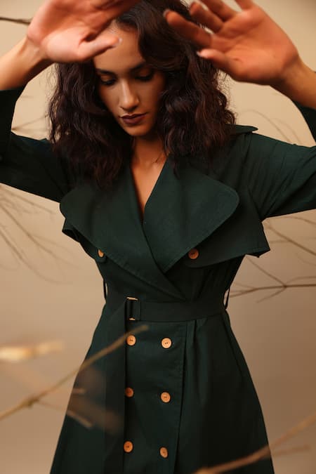 Shop_MATI_1_Green Cotton Collared Trench Midi Dress With Belt _Online_at_Aza_Fashions