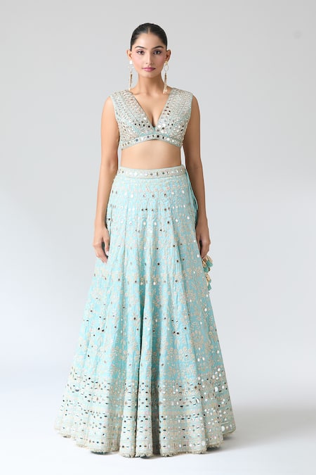 Gopi Vaid_Blue Tussar, Jersey, Organza Mirrors, Embroidery, Tassels Work Lehenga Set _at_Aza_Fashions