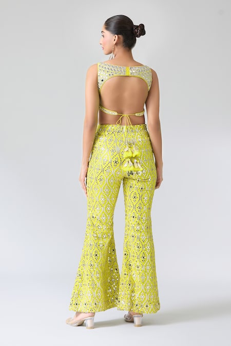 Gopi Vaid_Yellow Tussar, Kota Doria, Net Mirrors, Embroidery Plunge Neck Blouse And Pant Set _Online_at_Aza_Fashions