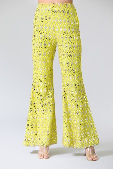 Gopi Vaid_Yellow Tussar, Kota Doria, Net Mirrors, Embroidery Plunge Neck Blouse And Pant Set _at_Aza_Fashions