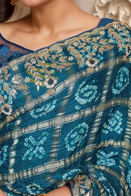Shop_Samyukta Singhania_Blue Georgette Cut Work, Zari Round Neck Zardozi Embroidered Gharchola Saree Set