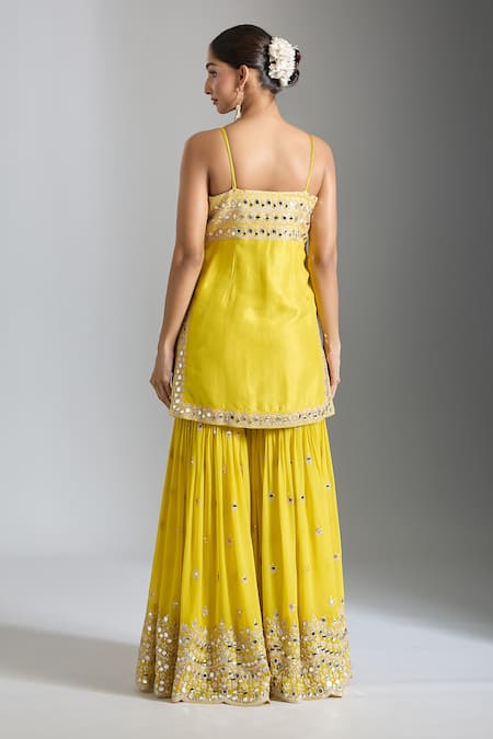 Shop_Gopi Vaid_Yellow Tussar, Georgette, Net Sequins, Work Embellished Kurta Sharara Set _at_Aza_Fashions